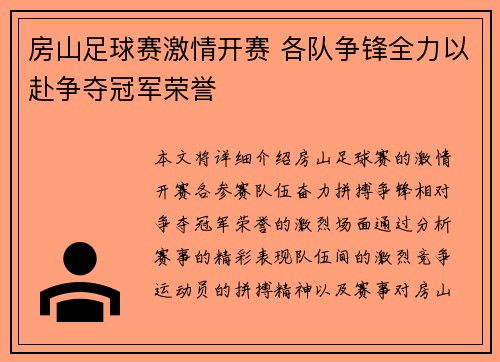 房山足球赛激情开赛 各队争锋全力以赴争夺冠军荣誉